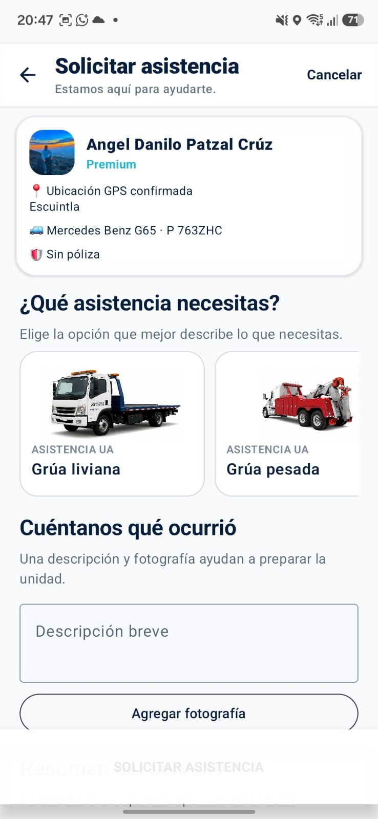 Pantalla real de UA Control: solicitud de asistencia