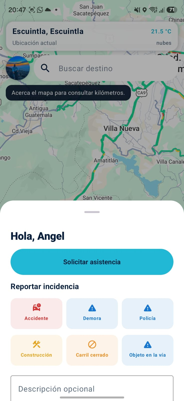 Pantalla real de UA Control: reporte de incidencias